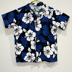 RJC Made in Hawaii Boy's Button Up Blue White & Black Floral Hawaiian Shirt Sz 5